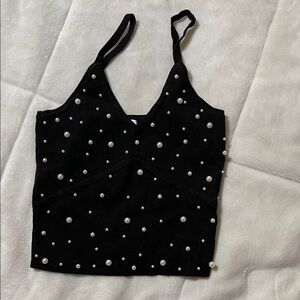 Black Croptop with Pearl Accents